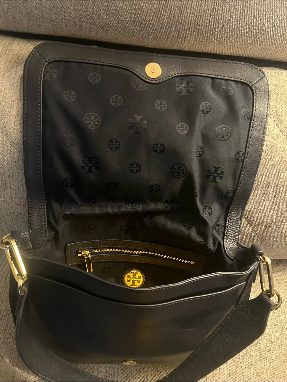 Tory Burch Blue Leather and Suede Logo Shoulder Bag